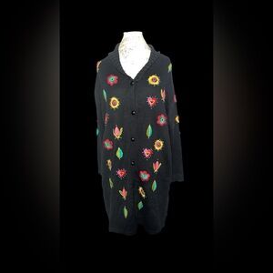 Vintage Bob Mackie Black Cardigan with Colorful Floral Embroidery